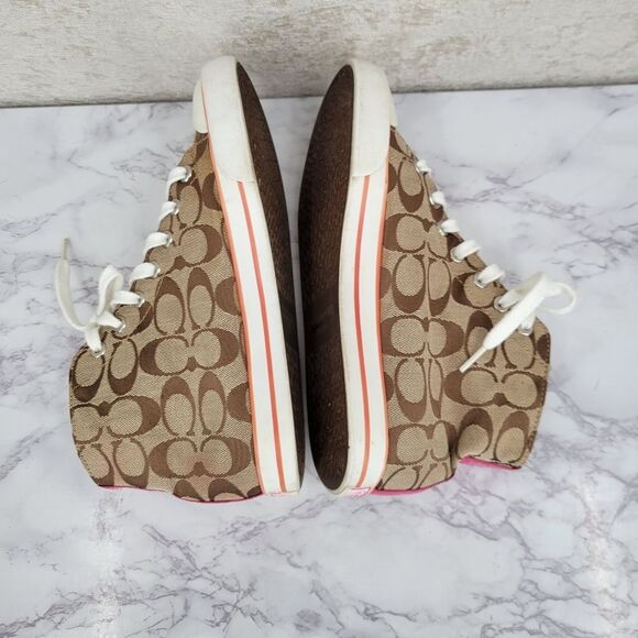 Coach Women's High Top Sneakers Brown Logo Canvas and Pink Embroidery - Picture 10 of 16